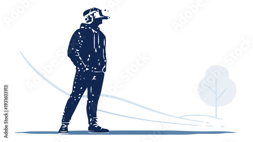 Virtual reality gamer wearing vr headset standing in rain with futuristic silhouette and tree background