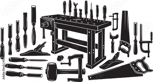 Black and white illustration of various carpentry tools displayed