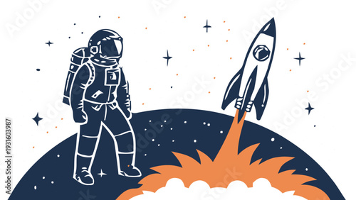 Astronaut in spacesuit standing on planet with rocket launching into starry night sky with orange flame