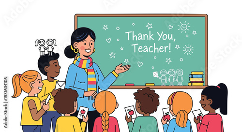 Vector illustration of diverse students thanking teacher in classroom