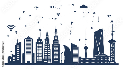 Smart city skyline with connected network lines and futuristic technology elements
