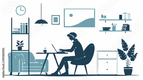 Remote worker sitting at desk with laptop in modern home office space with furniture and plants