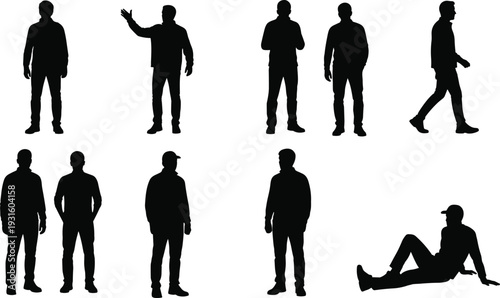 Black silhouettes of diverse men standing in various poses, walking, waving, and sitting on the ground for casual lifestyle designs