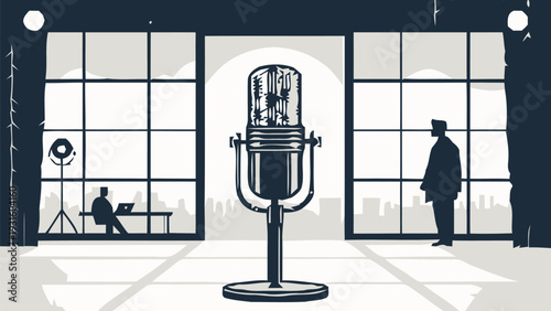 Vintage microphone in a modern recording studio with host and guest silhouettes in background