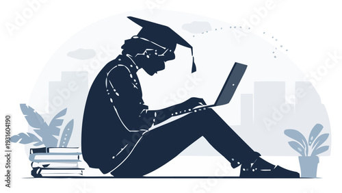 Student in graduation cap studying online with laptop sitting on floor with books and plants around