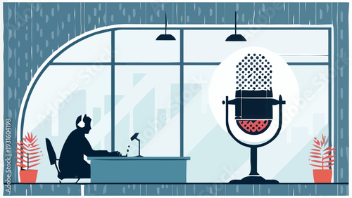 Podcast recording studio with host silhouette and microphone on desk near window with city view