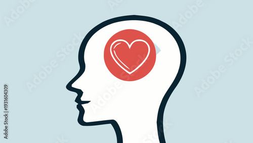 Mental health awareness concept with human head and heart icon on light blue background for social issues and wellness campaigns