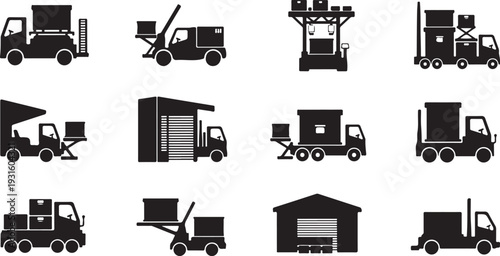 Black and white truck and forklift icons on white