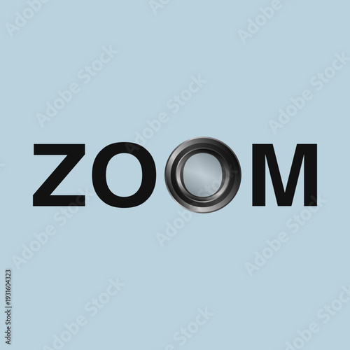 Minimal zoom word design with realistic camera lens replacing the letter O, isolated on blue background. Concept of video conferencing and digital communication.