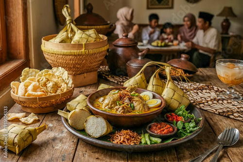 Indonesian Traditional Cuisine Opor Ayam and Ketupat Served on Wooden Table for Eid Al-Fitr Celebration. 