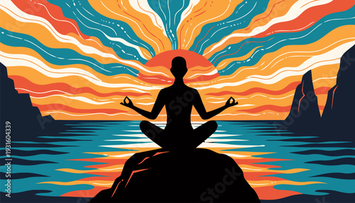 Serene silhouette of a person meditating in yoga pose against a vibrant sunset background with colorful abstract waves