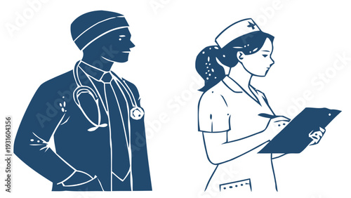 Healthcare professionals doctor and nurse in silhouette standing together medical team health care concept blue and white illustration