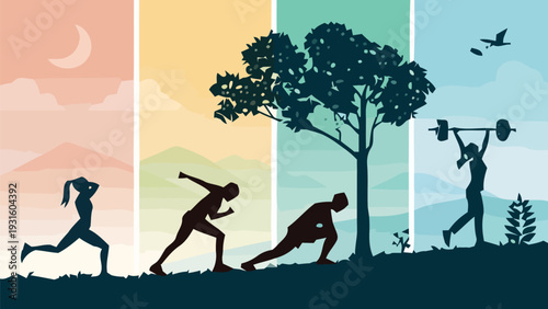 Silhouettes of people exercising outdoors in nature with colorful sky background