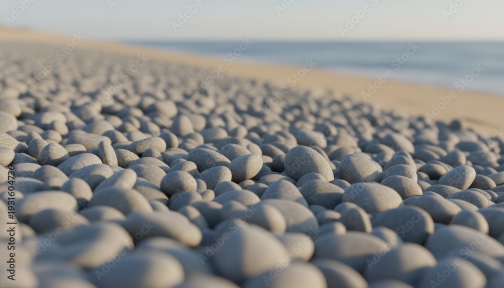Obraz premium Smooth Grey Pebbles On A Serene Beach With Blurred Ocean Backdrop