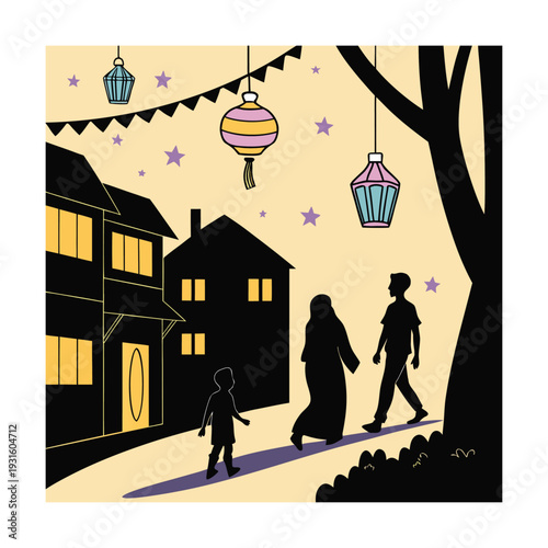 Silhouetted figures walking down a street adorned with lanterns and stars.

