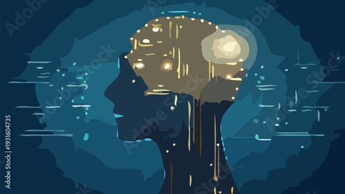 Artificial intelligence head profile with glowing circuit brain silhouette against dark blue background with code elements