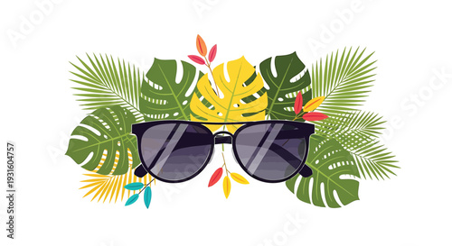 Vector illustration of sunglasses with tropical leaves