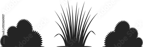 Black bush and grass silhouettes collection set, garden landscape botanical elements, nature outdoor plants, organic greenery