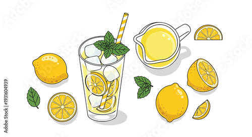 Vector illustration of lemonade with lemons and mint