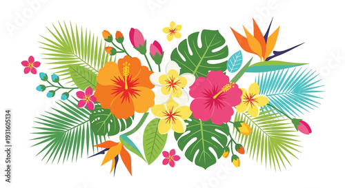 Tropical floral vector illustration with exotic leaves and flowers
