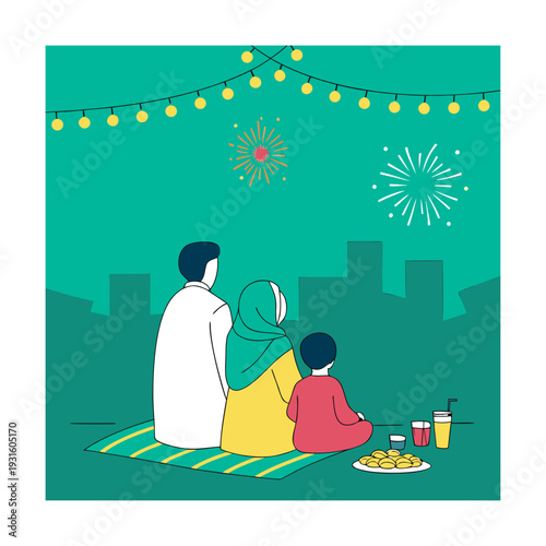 A family enjoying a picnic under a starry sky with fireworks.

