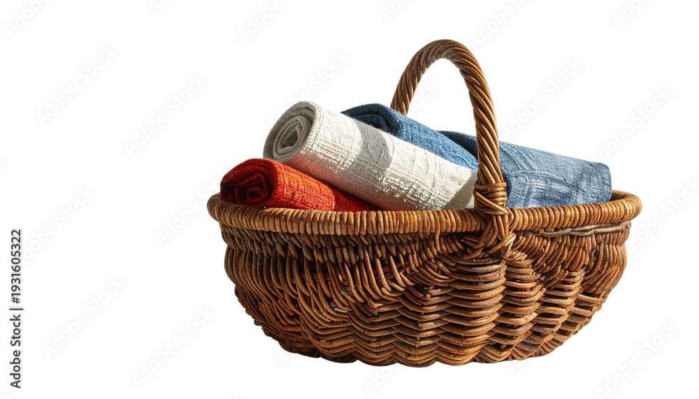Obraz premium Assorted Rolled Textile Fabrics in Wicker Basket, Isolated