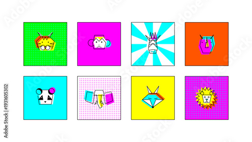 Colorful children style set icons of wild animals including lion, tiger, panda, and fox faces. Minimalistic pop-art design vector illustration perfect for stickers, badges, and educational projects.