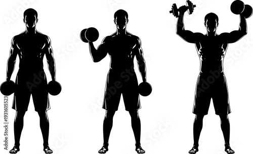 WebBodybuilder lifting dumbbells silhouette set, muscular man strength training workout vector illustration collection isolated on light background for fitness, bodybuilding, gym and sport design