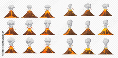 Volcano eruption stages with lava and smoke, set of volcanic activity.