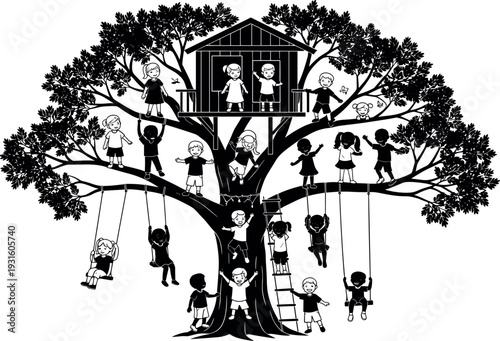 Children playing on big tree with treehouse and swings silhouette illustration, happy kids outdoor activity scene, playground nature concept vector design