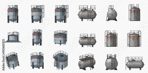 Industrial storage tanks and silos in various shapes and sizes, isolated on a transparent background.