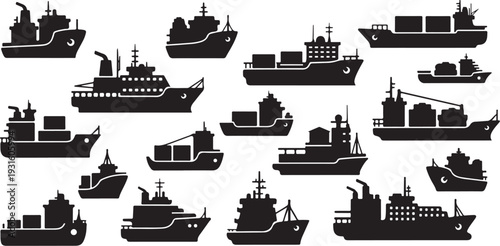 Collection of various ship silhouettes on white background illustration
