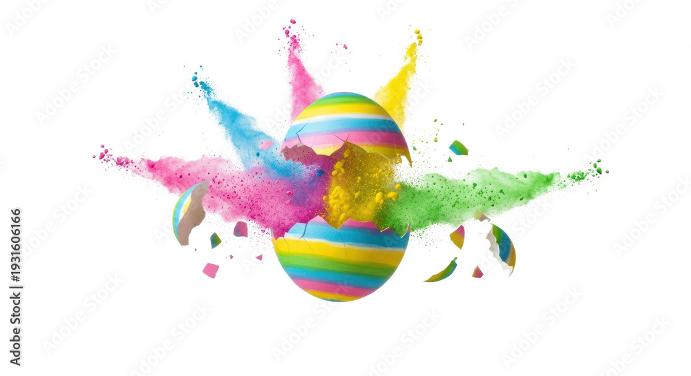 Fototapeta premium Exploding Striped Easter Egg with Colorful Powder Burst isolated PNG with Transparent Background