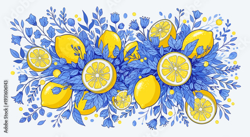 Vibrant lemons and citrus fruits in a decorative floral pattern.
