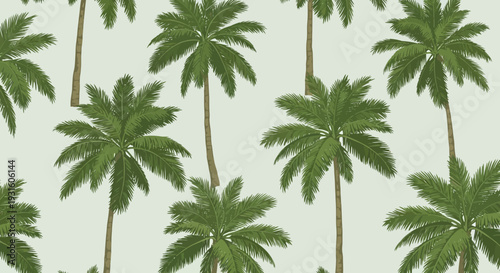 Seamless pattern of green palm trees on a light background.