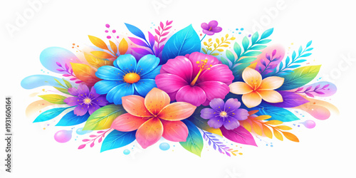 Vibrant Floral Bouquet Vector Illustration – Colorful Tropical Flowers Arrangement with Gradient Leaves and Decorative Elements