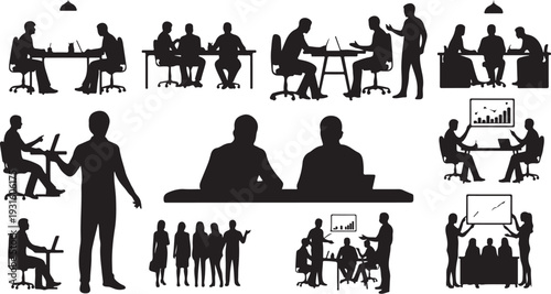 Business People Silhouettes in Various Meeting and Office Settings