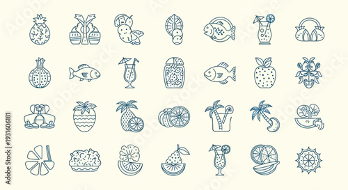 Collection of Tropical Fruit and Seafood Icons.