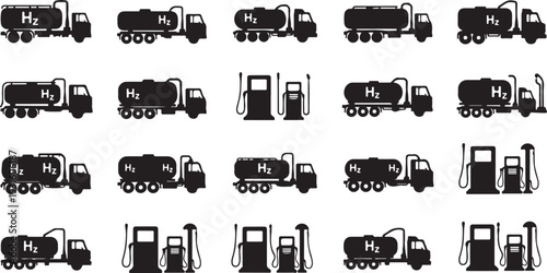 Hydrogen Fuel Cell Truck and Car Transportation Fleet Icons