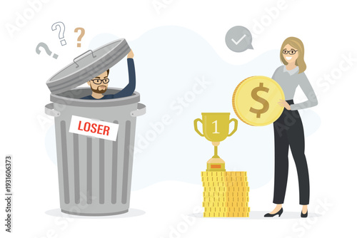 Winner and loser, business male and female characters. Jobless bankrupt sitting in metal trash can. Successful businesswoman or investor holds golden coins and trophy