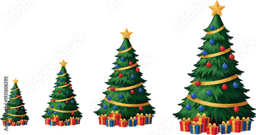 Decorated Christmas tree collection with colorful ornaments, star topper and gift boxes, festive holiday pine trees isolated on white background vector illustration