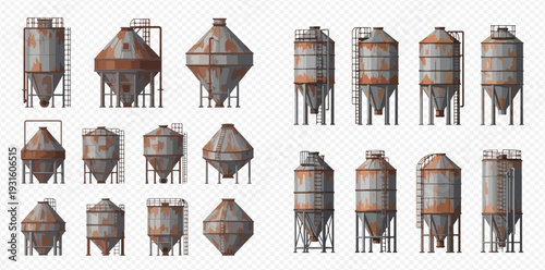 Set of rusty industrial silos, storage tanks, and granaries for agriculture and industry.