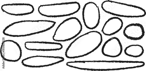 A collection of variously shaped and sized oval objects