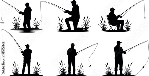 Fishing man silhouette collection with anglers holding rods near water and grass, outdoor hobby activity vector set showing fisherman catching fish by lake