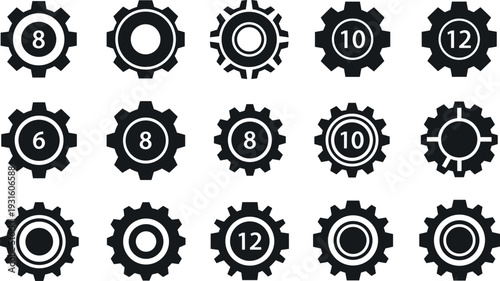 Gear and cogwheel silhouette icon set showing mechanical engineering symbols, industrial machine parts and settings concept vector collection for technology, maintenance and industry design