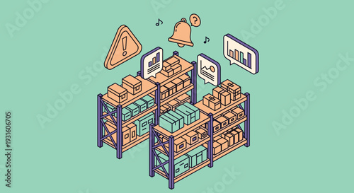 Isometric Storage Shelves with Boxes and Labels.