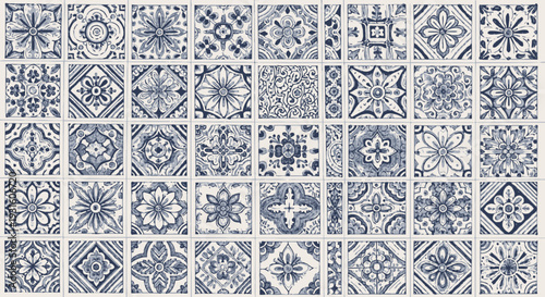 Collection of blue and white decorative tiles with various patterns and designs.
