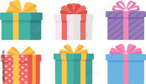 Colorful gift boxes collection set, birthday and holiday presents with ribbons, romantic surprise package, festive celebration elements