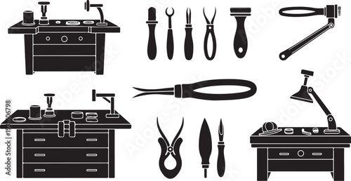 Black and white illustration of barber shop tools equipment