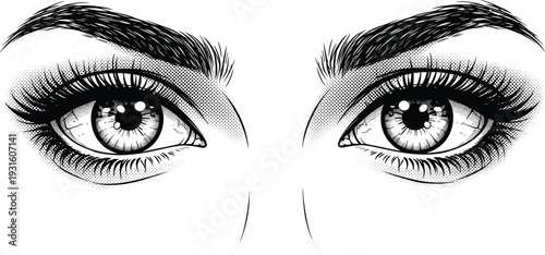 Detailed black and white sketch of beautiful female eyes with long lashes and thick eyebrows, elegant hand drawn vintage style illustration.